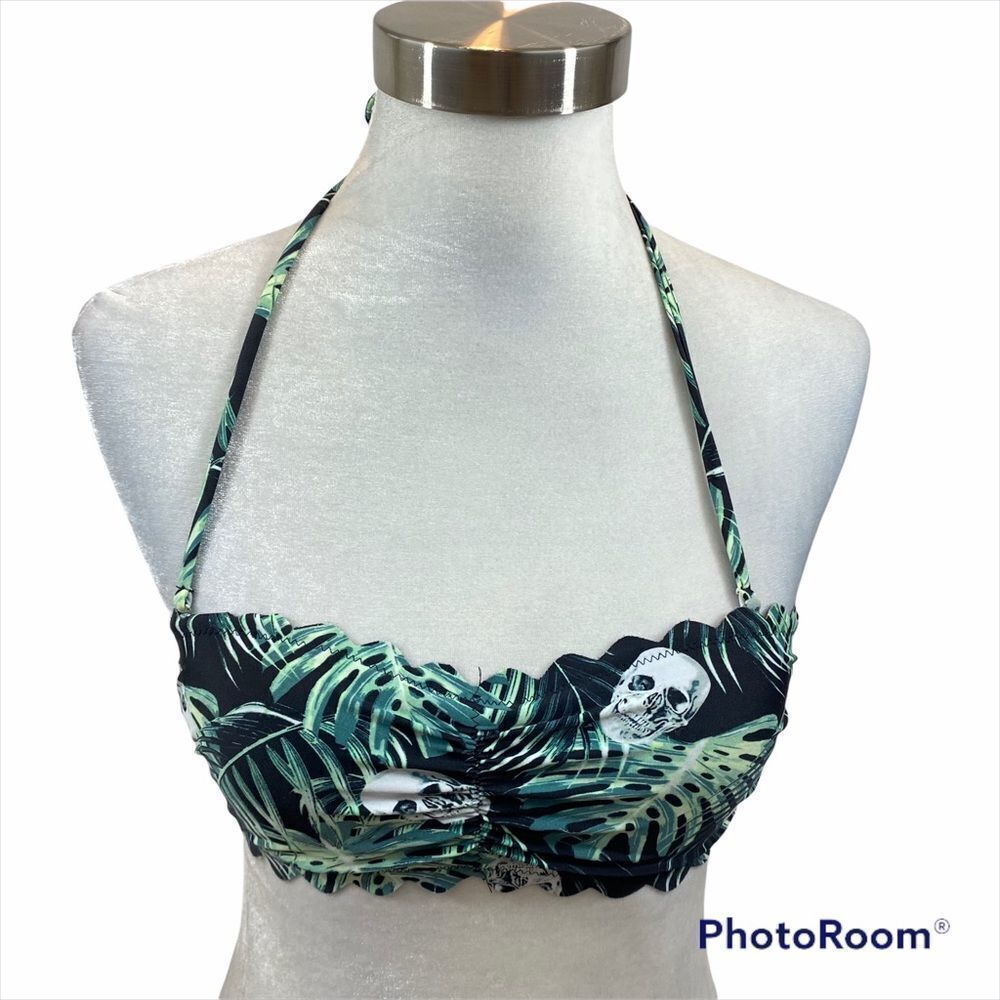 Midnight Hour Skull and Leaf Black Bikini Top with Scalloped Edges Size XS